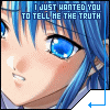 Anime-style character with blue hair and blue eyes, static expression with mouth slightly open, text above reads 'I JUST WANTED YOU TO TELL ME THE TRUTH' in blue capital letters.