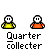 Pixel art buddy icons show two figures in yellow and orange shirts with text 'Quarter collector' below each, some with speech bubbles reading 'YES' and 'KENTURK' on a gray background.