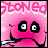 A pink cartoon character with closed eyes and a downturned mouth appears in , each showing different colored square eyes while the background text 'stoned' remains visible