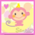 Pixelated pink monkey with yellow crown, orange cheeks, and purple tail against pastel background with heart shapes.