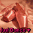 A pixelated image with four distinct sections showing 'Just Dance' text in different colors and styles, including a hand holding a microphone and a person with blonde hair.