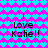 Pixelated text "I Love Katie!!" appears four times on a bright pink background with repeating cyan heart shapes, arranged in two of two