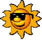 Two identical yellow sun icons with black sunglasses, each having a smiling mouth on the left and an open mouth on the right against a gray background.