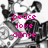 Pixelated grayscale image with pink text reading peace love dance overlaid on abstract shapes.