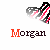 Heart-shaped icon with red and black stripes, text 'Morgan' below in varying color schemes across frames.