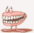 Pink cartoon mouth with white teeth, brown gums, and two eyes on top, standing on two legs with a shadow, showing different mouth positions across frames.