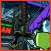 Animated cartoon scene with a character in dark clothing holding a weapon, red text reading "OBEY" and partial green text visible against a purple and blue background.