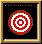 Pixelated red and white target with black background, framed in gold; one frame shows a hand cursor interacting with the target.