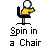Pixel art of a figure in yellow shirt and black pants spinning on a chair, with text below reading "Spin in a Chair".