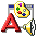Pixel art animation frames showing a red letter A, yellow paint palette with colored dots, and white speaker icon within browser window borders on gray background.