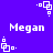 Pixelated white text "Megan" appears on a solid purple background with repeating geometric patterns of squares and dots.
