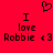 Red background with black pixelated text and symbols: 'I love Robbie <3' repeated twice, a heart symbol above the left instance.