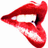 Pixelated red lips with white teeth and a black tongue, forming an open mouth shape against a plain background.