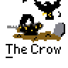 Pixel art contact sheet showing two frames of an animated buddy icon featuring a crow character with yellow accents, brown ground, and gray rock against a light gray background.