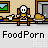 Pixelated character in yellow outfit sits at table with turkey, duck, and framed landscape; text "FoodPorn" repeats below.