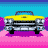 Pixel art animation of a yellow taxi cab in various front-facing poses on pink and purple backgrounds with blue sky, displayed as a contact sheet of sampled frames.