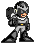 Pixel art character in gray and black armor with orange eyes, shown in multiple poses including standing, shielding, and aiming a weapon against a solid gray background.