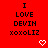Red background displays repeated text "I LOVE DEVIN xoxoLIZ" with pixelated hearts and arrows changing across frames.
