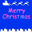 Blue background with white pixelated Santa sleigh and reindeer animations above pink 'Merry Christmas' text.