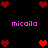 Pixelated red hearts and pink text 'micaila' on a black background, arranged in a pattern with heart clusters at corners and center