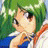 Pixelated anime-style character with green hair and blue clothing, holding an orange object, next to black background with white text.