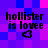 Pixelated text 'hollister is lovee' with a heart symbol on a purple and pink checkered background.