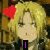 four pixelated anime-style character icons with blonde hair and red heart-shaped hair accessories, each displaying different text overlays