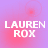 Pixelated text 'LAUREN ROX' in white on a pink-purple gradient background with faint circular patterns.