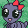 Pixel art contact sheet of two identical animated frames showing a gray cartoon character with large black eyes, red bow, and pink mouth against green background.