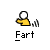 A static contact sheet of two identical pixel art buddy icons featuring a yellow stick figure with white head emitting sound waves, labeled "Fart" below each icon, alongside red and black text promoting badassbuddy.com.
