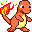 Pixel art of a small orange dinosaur-like creature with blue eyes and yellow underbelly in three distinct poses, each holding a red and yellow flame-like object.