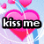Pixelated heart-themed icon with pink hearts, blue accents, and text overlays showing 'kiss me' and '<3' in different frames.