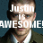 A pixelated image of a man in a green jacket and white shirt with text overlay reading "Justin is AWESOME!" on the left side.