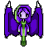 Pixel art contact sheet of two animated frames showing a purple-winged character with green accents holding a glowing orb, displayed side-by-side on gray background.