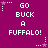 Purple background with white pixelated text reading 'GO BUCK A BUFFALO!' and small star-shaped decorations.