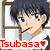 Two side-by-side anime-style character portraits with dark hair and blue eyes, one with a neutral expression and the other smiling, both featuring red text reading "Tsubasa" with heart symbols below.