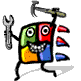 A colorful blocky character with four square face sections holds a wrench in one hand and a hammer in the other, standing against a white background.