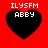 Four identical pixelated heart-shaped icons with red backgrounds, each displaying 'ILYSFM' above 'ABBY' in white text.