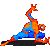 Pixelated character in orange and blue costume with red accents, crouched on black base, one arm raised, web-shooters visible, white eye lenses on mask.