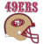 Pixelated image showing '49ERS' text above a football helmet with a red '49' logo on a tan surface.
