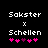 Two side-by-side pixelated text displays with 'Sokster' above an 'x', then 'Schellen', and five pink/purple heart icons below, differing in heart color sequence.