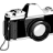 Black-and-white pixelated camera icon with visible lens, viewfinder, and strap, rendered in low-resolution monochrome style.