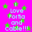 Bright pink background with green stars and repeated light blue text reading "I Love Portia and Cable!!!" in a pixelated style.