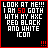 Pixelated text icon with red, black, and white colors displaying 'LOOK AT ME!!! I AM 50 GOTH WITH MY HXC RED BLACK AND WHITE ICON' and changing exclamation marks.