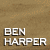 Animated contact sheet showing six sequential frames of a woman with long dark hair walking on sand, each frame overlaid with "BEN HARPER" text in pixelated white font.