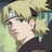 Pixelated anime-style character with blonde hair, blue eyes, and a dark top against a light green background.