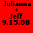 Four identical pixelated text in red, pink, purple, and bright pink backgrounds with black text reading 'Julianna + Jeff 9.15.08'