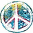 Circular icon with peace symbol design, featuring blue and green gradient sections, white outline, and red accents on a white background.