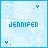 Light blue pixelated background with white sparkles and small blue hearts, displaying the name 'JENNIFER' in bold blue letters.