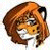 Pixelated cartoon cat face with orange-brown fur, black ears, and white muzzle on a transparent background.